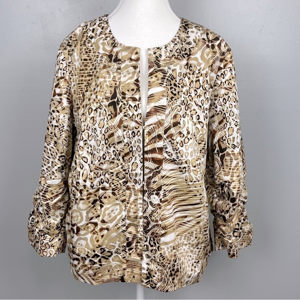 Chico’s mixed animal print cotton spandex 3/4 sleeve collarless jacket, 2=Large.